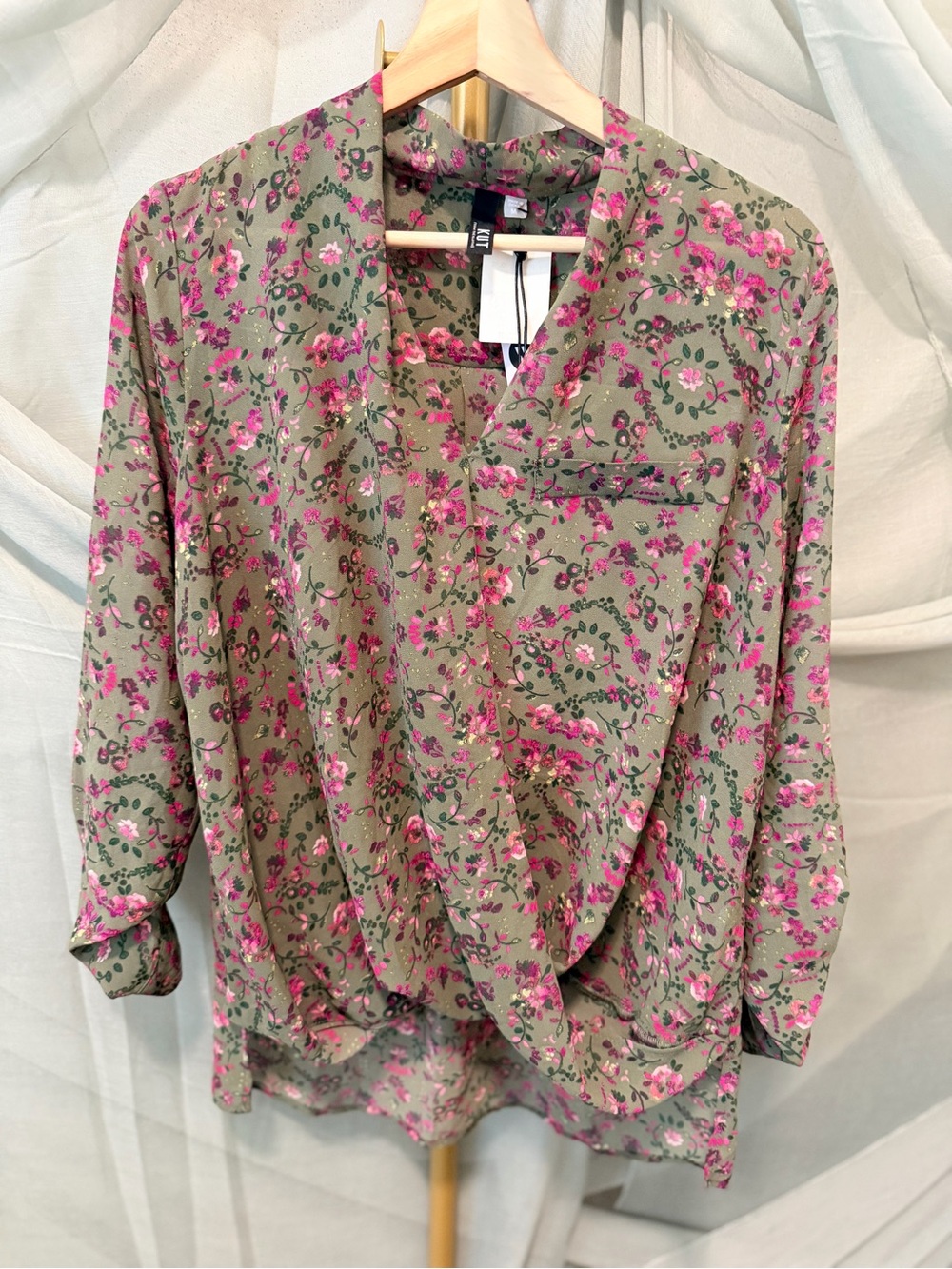 Kut from the Kloth Olive Green Floral Crossover Blouse - Picture 2 of 6